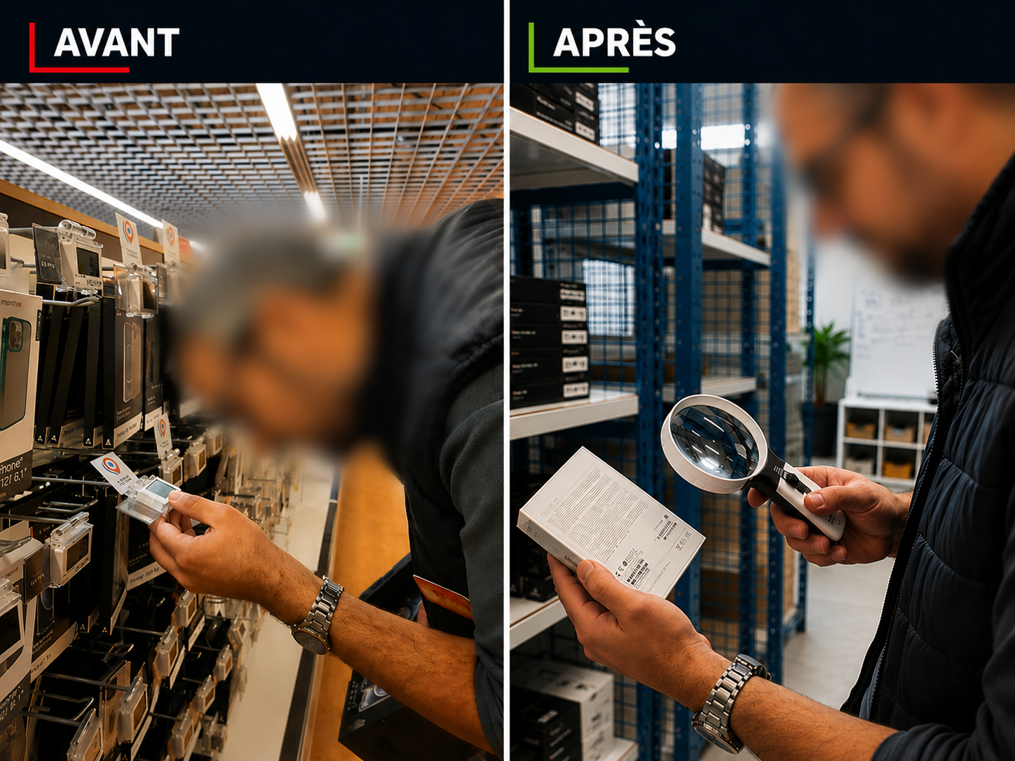 Avant/après stockage avec un homme qui lis avec une loupe